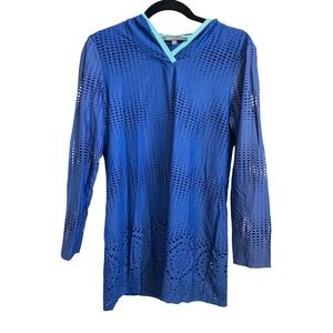 Title Nine Blue Perforated Hooded Swim Cover Up Tunic Dress Size Medium
